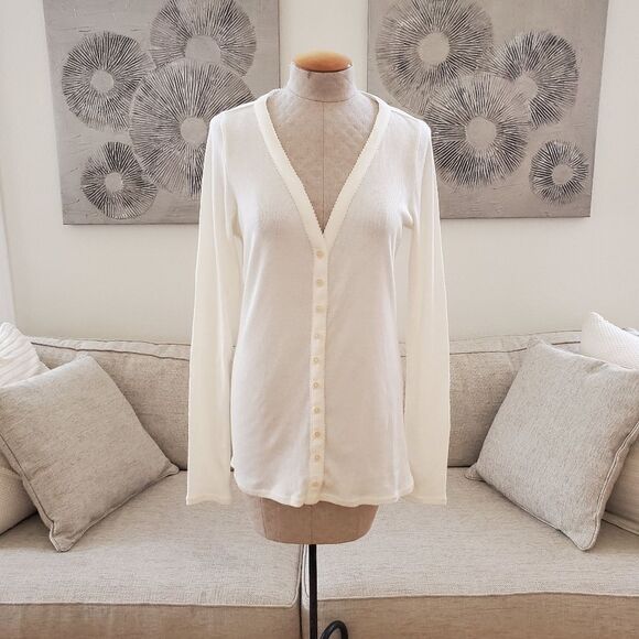 NEW! Rebecca Taylor Ribbed Pima Cotton V-Neck Cardigan - size Large in Ivory. - Picture 3 of 13